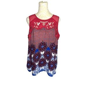 Daniel Rainn Tunic Top Blouse Shirt Lace Mesh Hi Low Chiffon Floral Geometric M